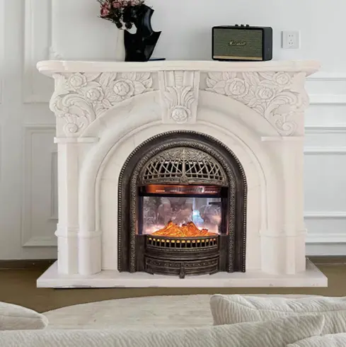 Marble fireplace French relief white marble stone carving European light luxury simple home decoration TV cabinet fireplace stand for living room