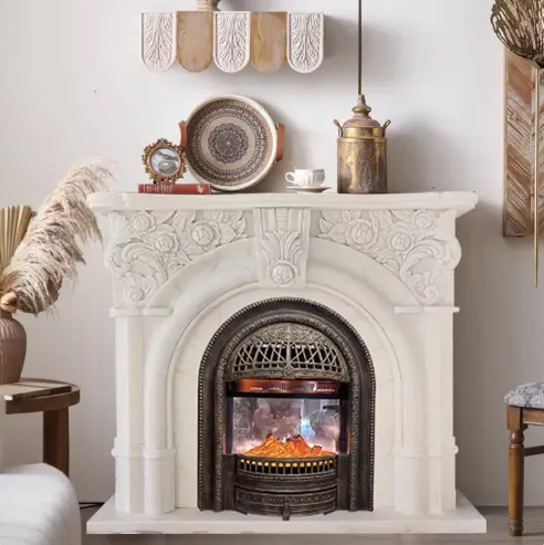 Marble fireplace French relief white marble stone carving European light luxury simple home decoration TV cabinet fireplace stand for living room - Image 2