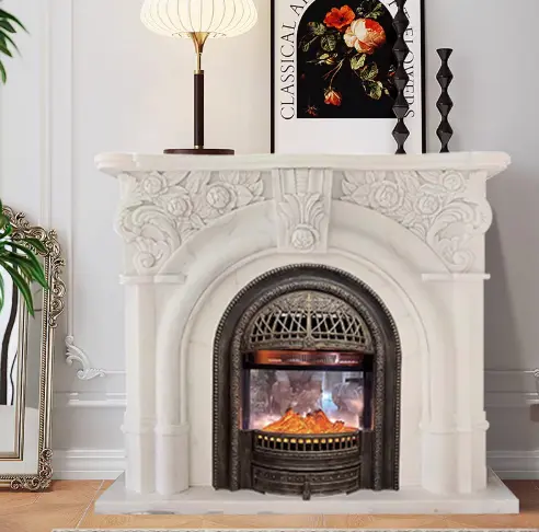 Marble fireplace French relief white marble stone carving European light luxury simple home decoration TV cabinet fireplace stand for living room - Image 3