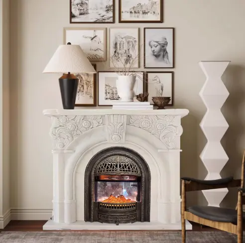 Marble fireplace French relief white marble stone carving European light luxury simple home decoration TV cabinet fireplace stand for living room - Image 4