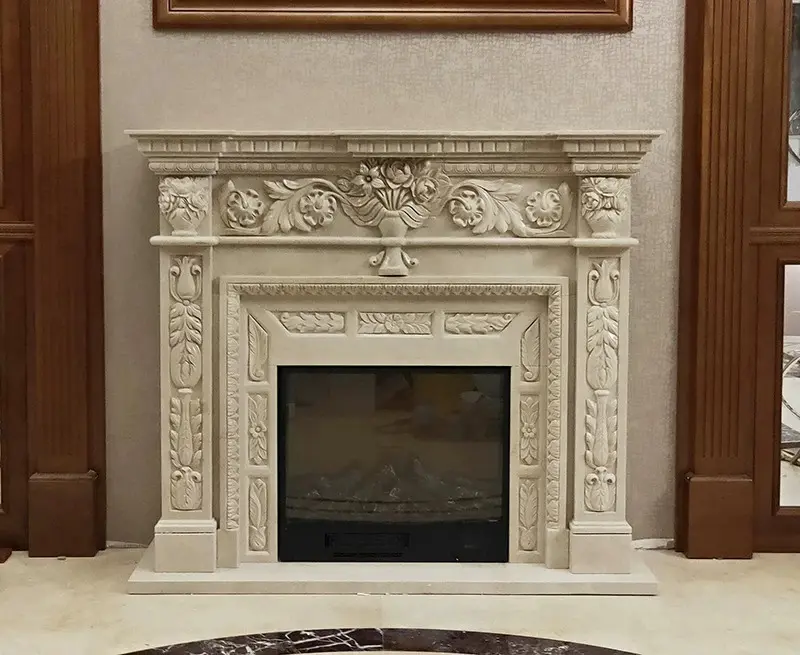 Marble fireplace stand, European beige stone, American relief decoration, TV background decorative cabinet, modern and simple fireplace stand