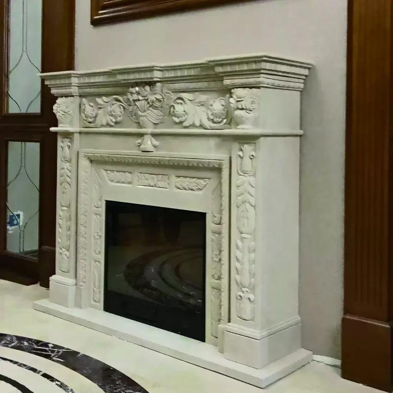 Marble fireplace stand, European beige stone, American relief decoration, TV background decorative cabinet, modern and simple fireplace stand - Image 4