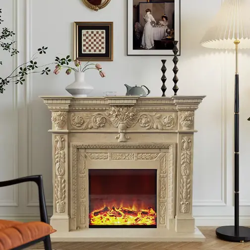 Marble fireplace stand, European beige stone, American relief decoration, TV background decorative cabinet, modern and simple fireplace stand - Image 2