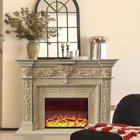 Marble fireplace stand, European beige stone, American relief decoration, TV background decorative cabinet, modern and simple fireplace stand - Image 3