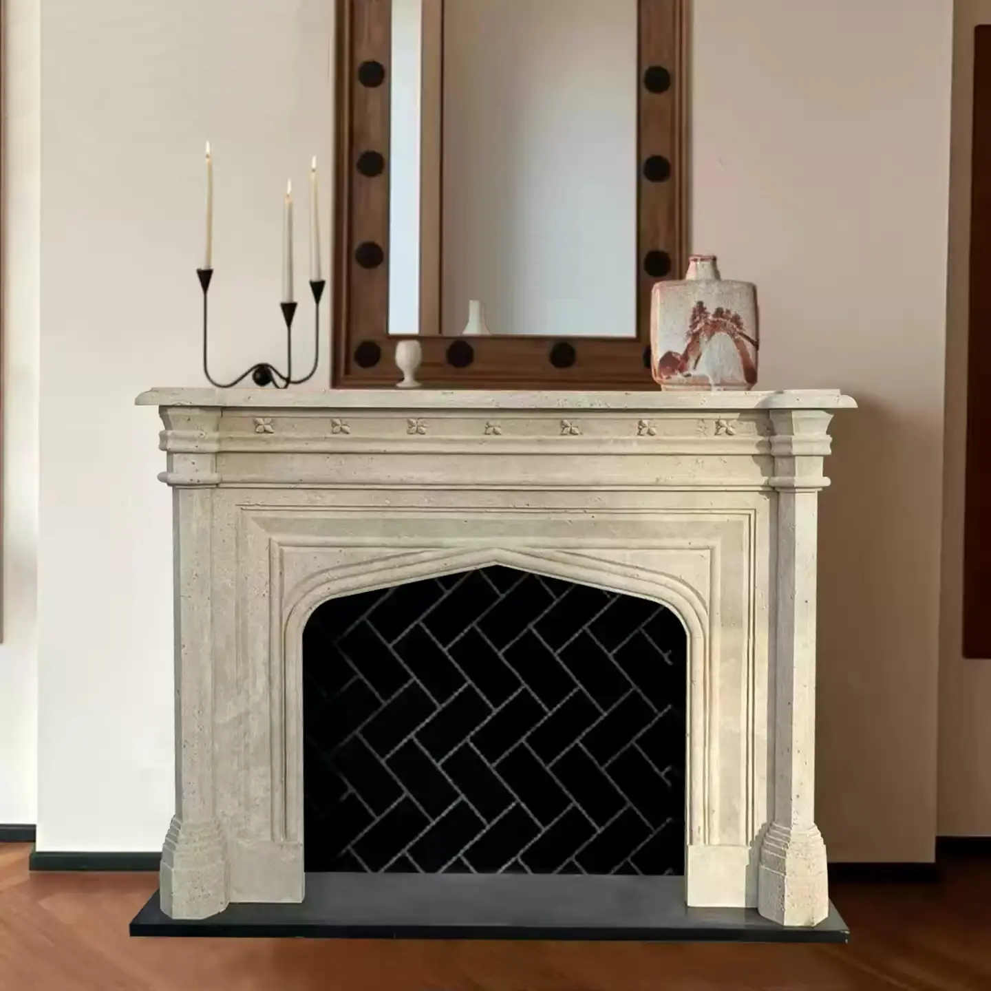 Simple marble fireplace mantel, natural cave stone fireplace, American and French retro and shabby chic style stone fireplace decoration cabinet