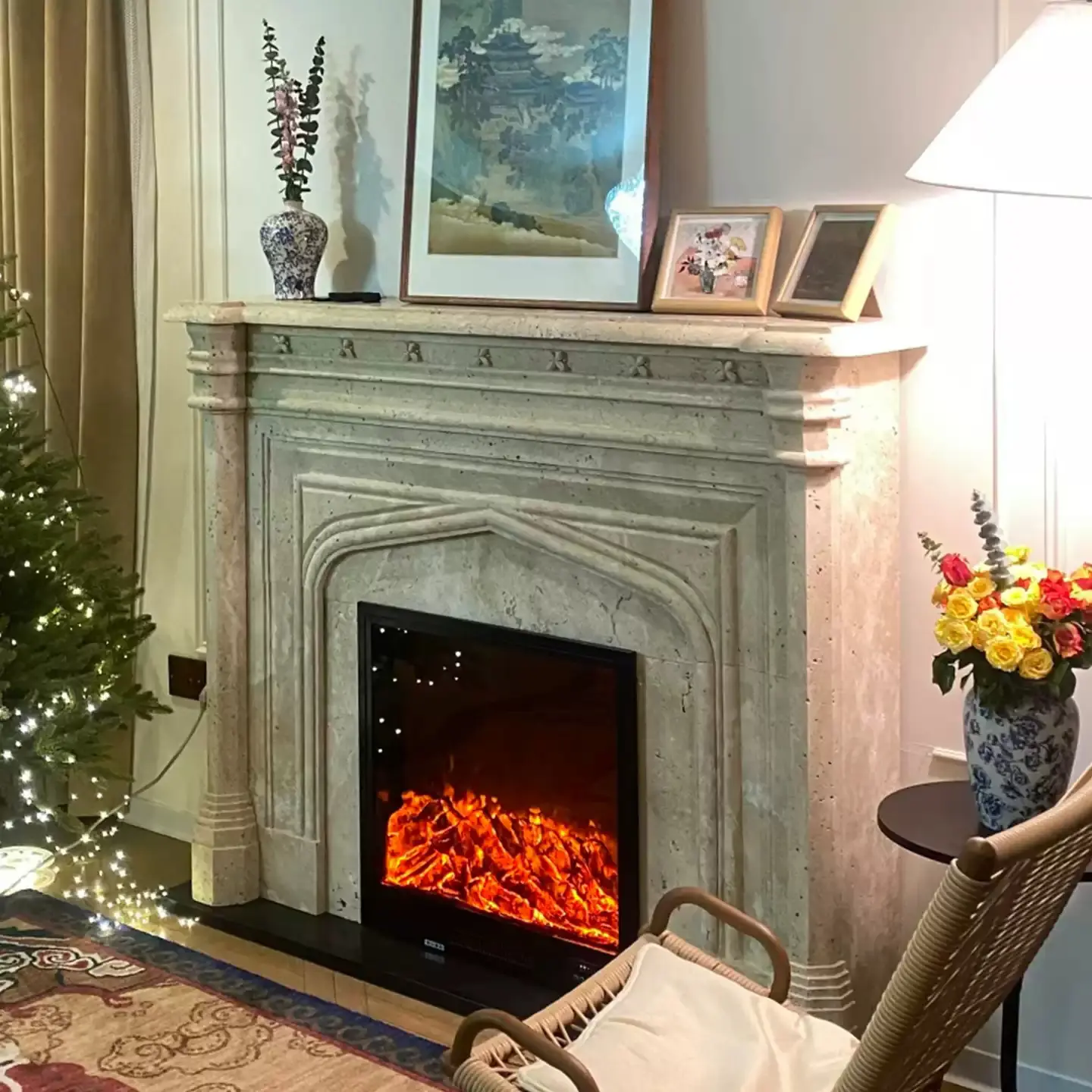 Simple marble fireplace mantel, natural cave stone fireplace, American and French retro and shabby chic style stone fireplace decoration cabinet - Image 2