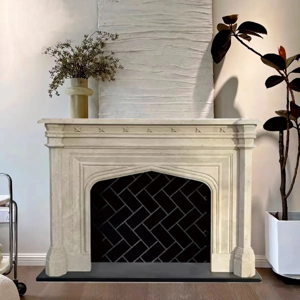 Simple marble fireplace mantel, natural cave stone fireplace, American and French retro and shabby chic style stone fireplace decoration cabinet - Image 4