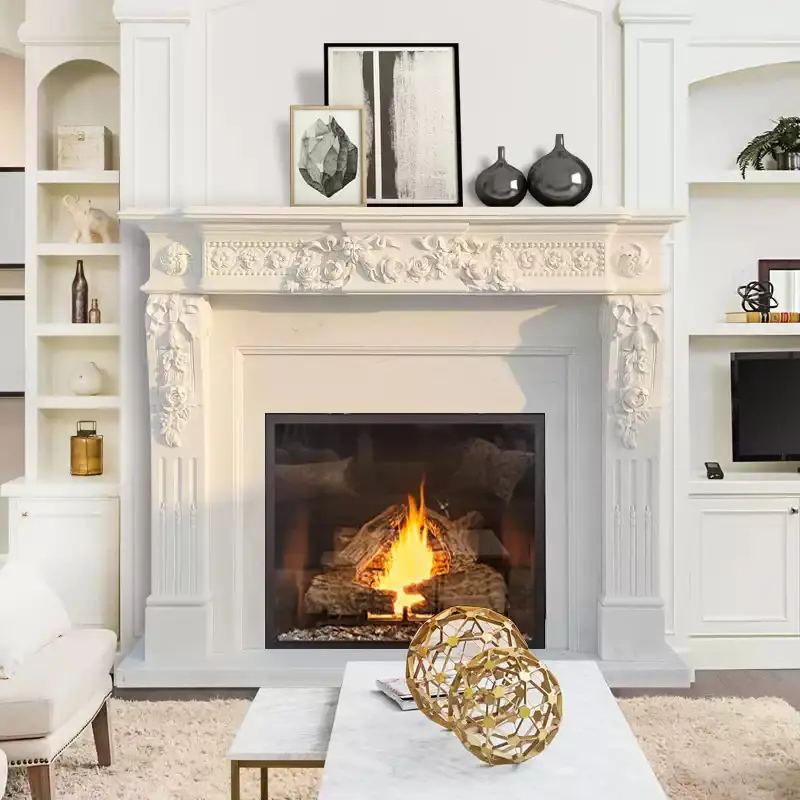 Stone-carved fireplace, marble French light luxury fireplace mantel, white marble stone living room decorative cabinet, floor-standing European custom-made.