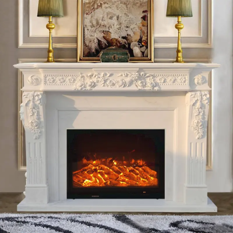 Stone-carved fireplace, marble French light luxury fireplace mantel, white marble stone living room decorative cabinet, floor-standing European custom-made. - Image 3