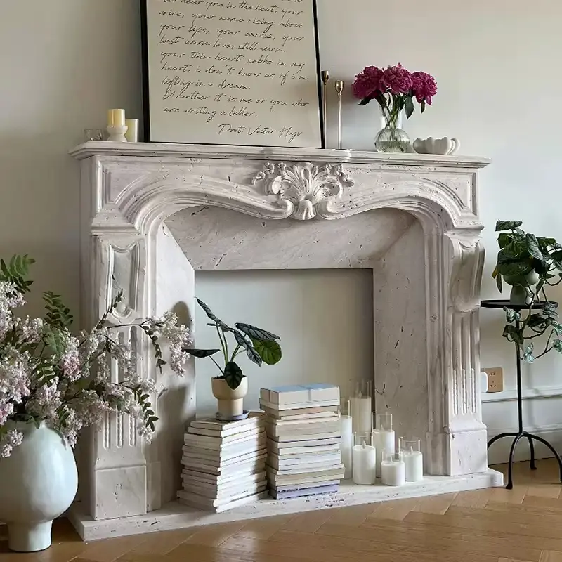 Turkish white marble fireplace, luxury home design, marble mantelpiece, marble home living room.