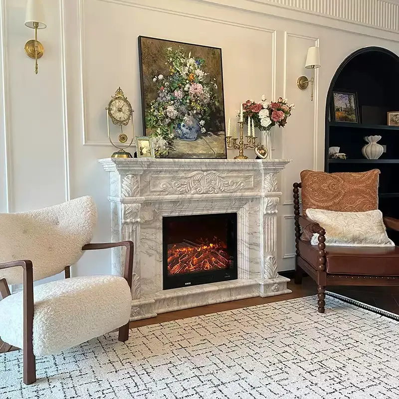 Jazz white stone European fireplace, marble fireplace, living room entrance, European and American stone-carved fireplace decorative items.
