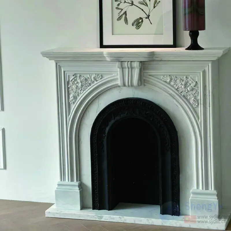 Custom-made marble and white marble natural stone fireplace mantel, stone carvings, living room decorations, villa retro floor-standing ornaments