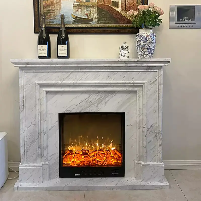 Marble fireplace stone carving in natural jasper white stone, with European decorative patterns, for heating fireplace stand, decorative cabinet, or decorative item.