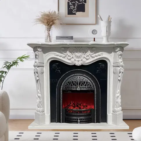 Marble fireplace, European-style carved fireplace mantel, natural stone, white marble fireplace mantel, villa living room stone-carved fireplace
