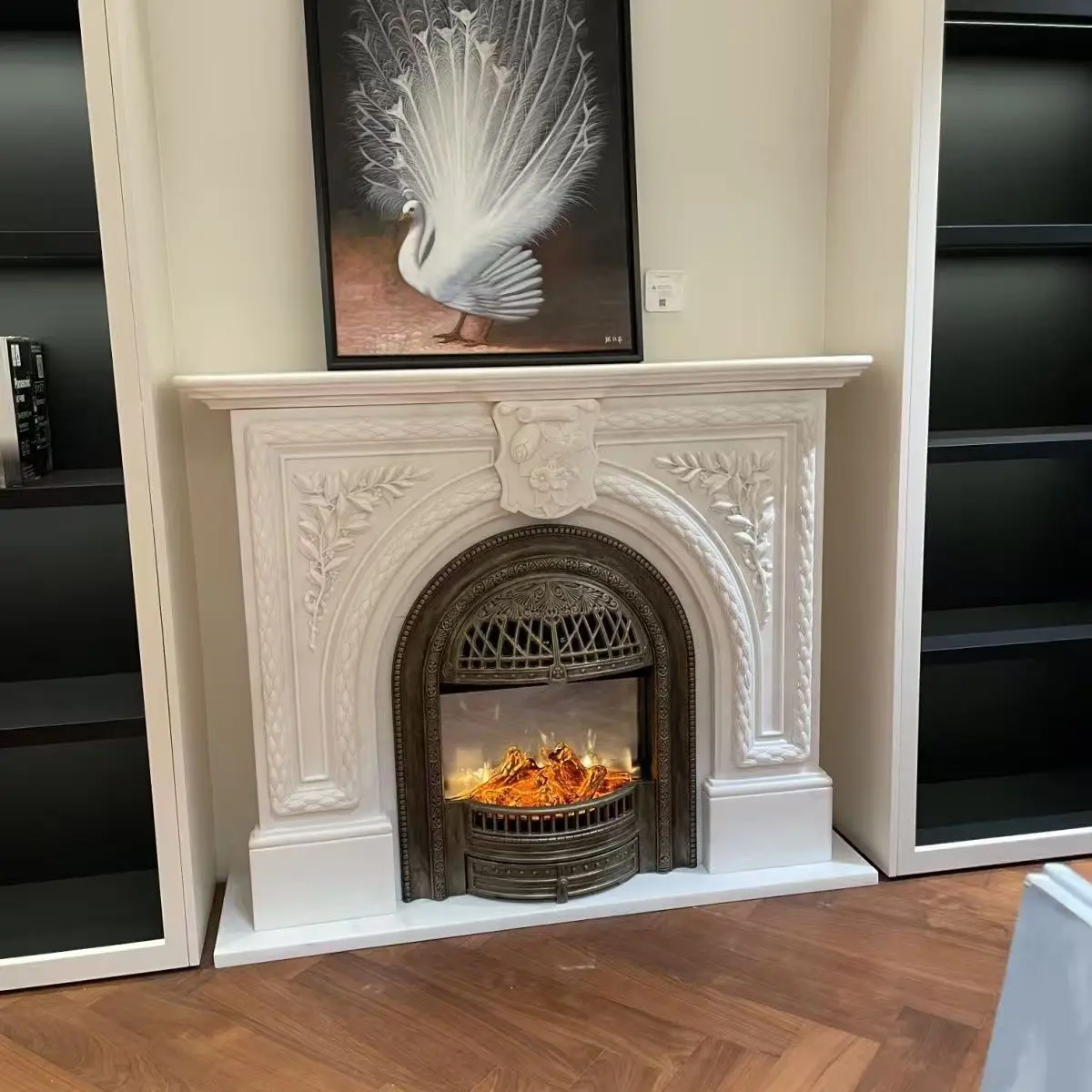 Custom-made and processed new European and French light luxury style natural stone marble fireplace with birdcage simulation fire heating core