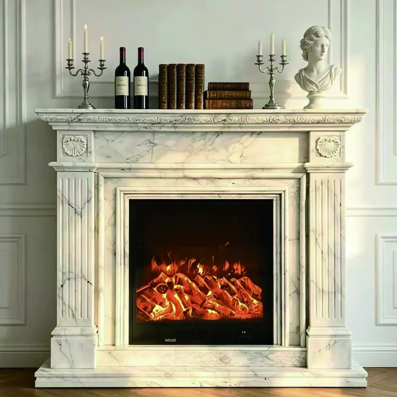 Natural large white marble fireplace, French and American modern minimalist living room, stone fireplace, TV decoration cabinet