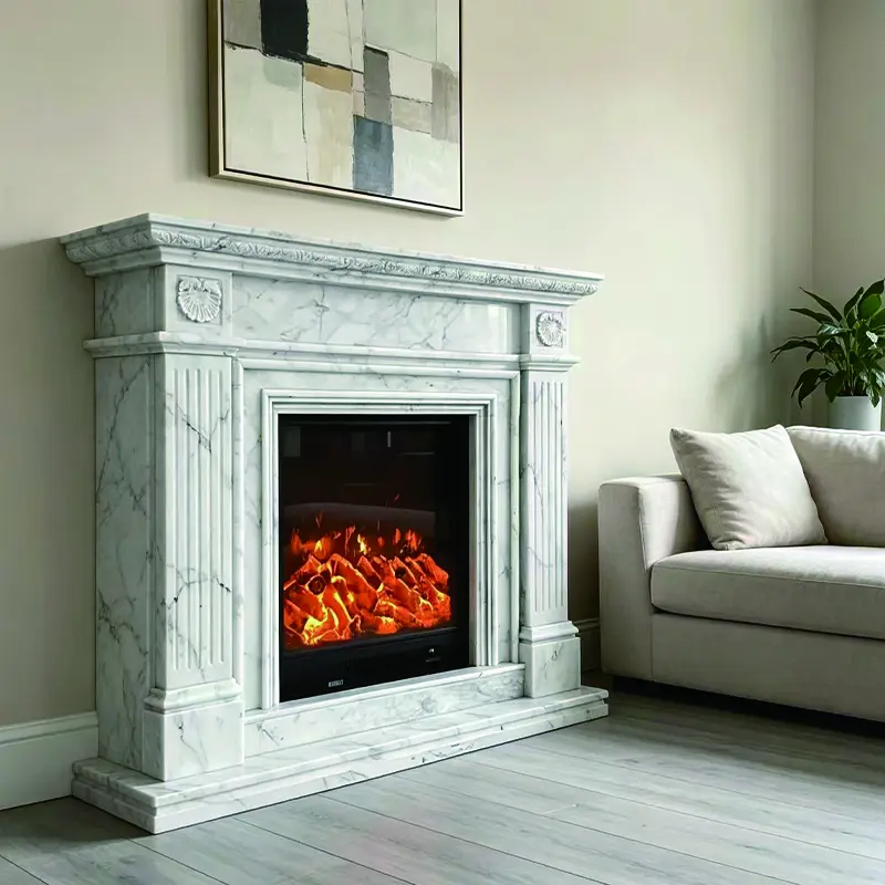 Natural large white marble fireplace, French and American modern minimalist living room, stone fireplace, TV decoration cabinet - 图片 2