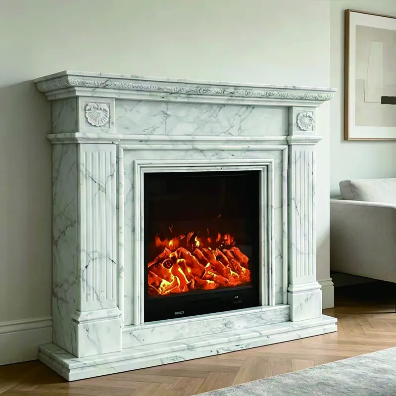 Natural large white marble fireplace, French and American modern minimalist living room, stone fireplace, TV decoration cabinet - 图片 3
