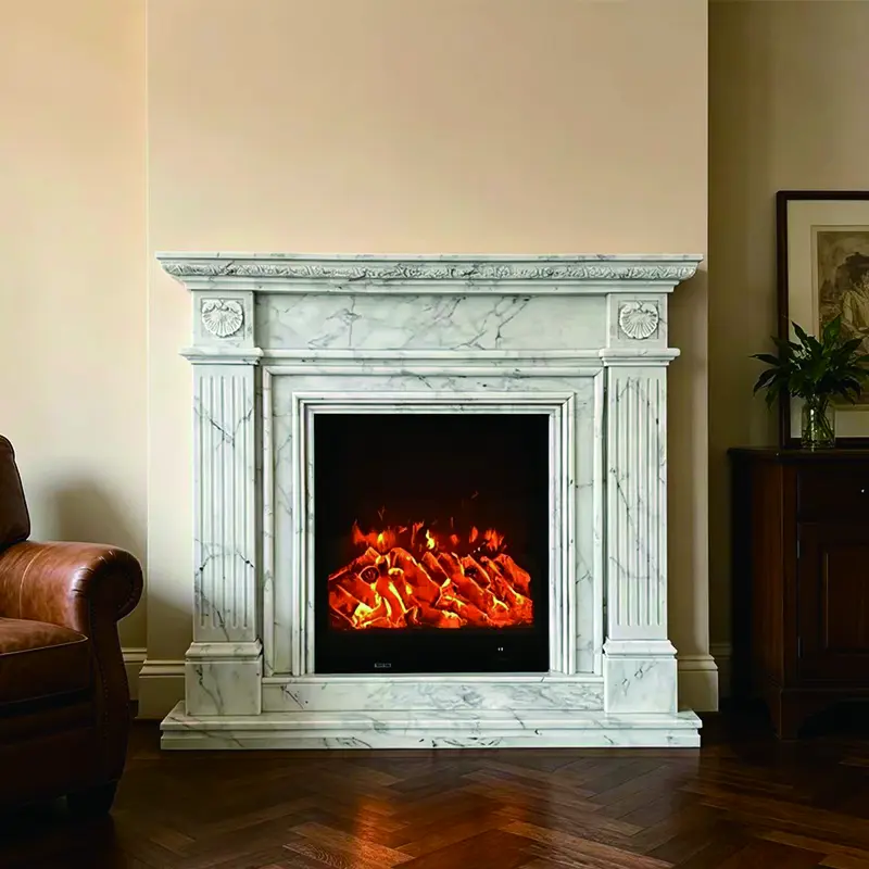 Natural large white marble fireplace, French and American modern minimalist living room, stone fireplace, TV decoration cabinet - 图片 4