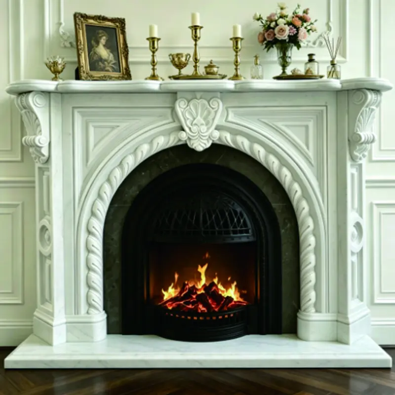 European-style marble mantelpiece for villa living room decoration, natural white marble hand-carved fireplace with real fire display item