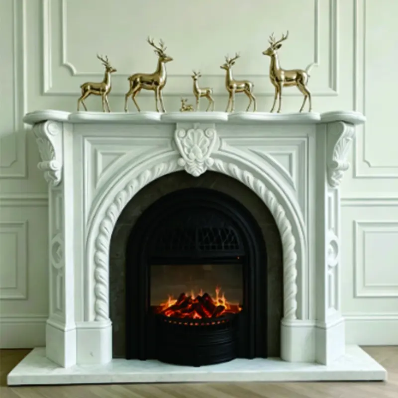 European-style marble mantelpiece for villa living room decoration, natural white marble hand-carved fireplace with real fire display item - 图片 3