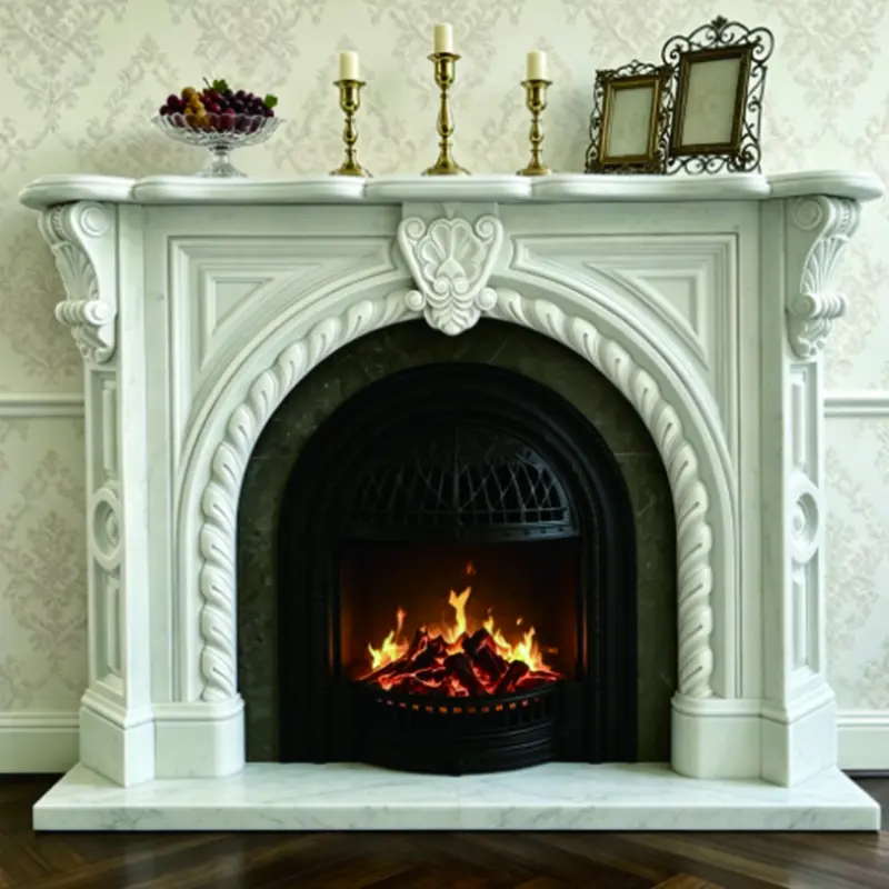 European-style marble mantelpiece for villa living room decoration, natural white marble hand-carved fireplace with real fire display item - 图片 4