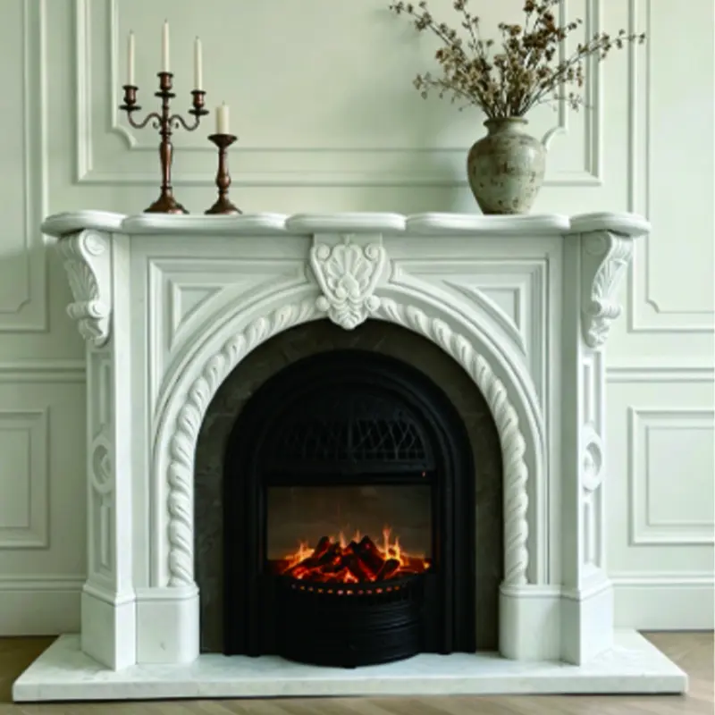 European-style marble mantelpiece for villa living room decoration, natural white marble hand-carved fireplace with real fire display item - 图片 5