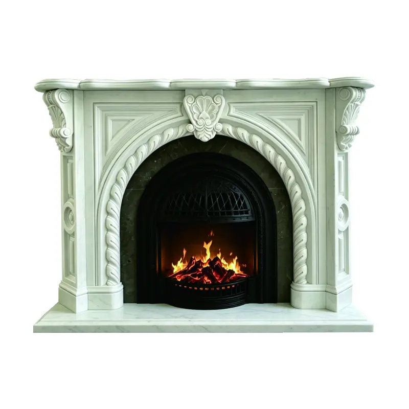 European-style marble mantelpiece for villa living room decoration, natural white marble hand-carved fireplace with real fire display item - 图片 6
