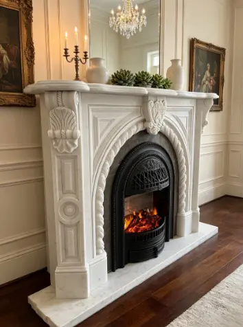 European-style marble mantelpiece for villa living room decoration, natural white marble hand-carved fireplace with real fire display item - 图片 2