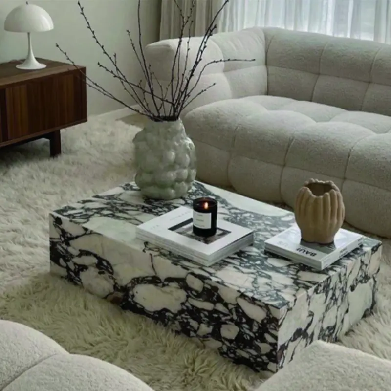 European-style Bvlgari coffee table, marble-patterned rock plate, living room, light luxury, modern, wabi-sabi style, rectangular corner table set
