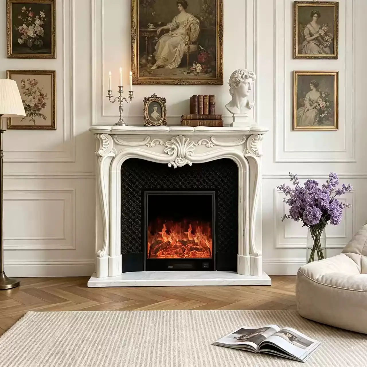 Natural marble fireplace, French, American and European style living room, entrance hall background wall, white marble stone fireplace, decorative cabinet