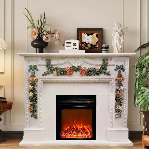 Stone-carved marble fireplace decoration, white marble European and French-style fireplace, villa interior arch, natural stone fireplace