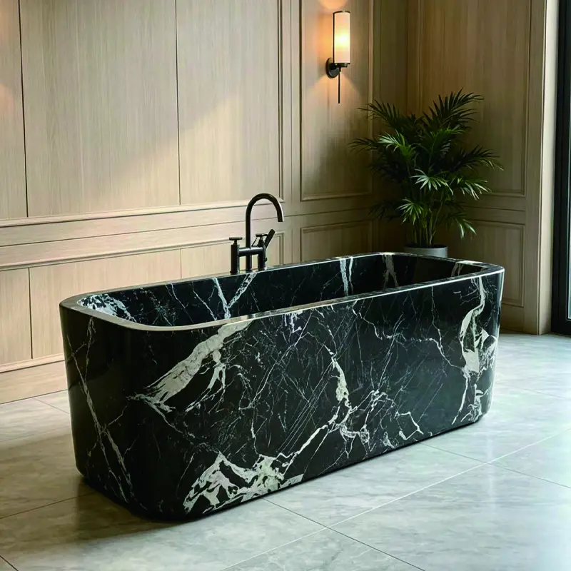 Wabi-sabi style natural marble one-piece bathtub, suitable for home, villa, hotel, and guesthouse, as well as outdoor use. It is an independent bathtub for soaking.