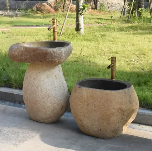 Natural pebble kindergarten stone handwashing basin, children’s small handwashing basin, stone pillar basin, outdoor antique water trough. - 图片 2