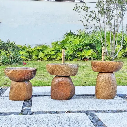 Natural pebble kindergarten stone handwashing basin, children’s small handwashing basin, stone pillar basin, outdoor antique water trough. - 图片 3