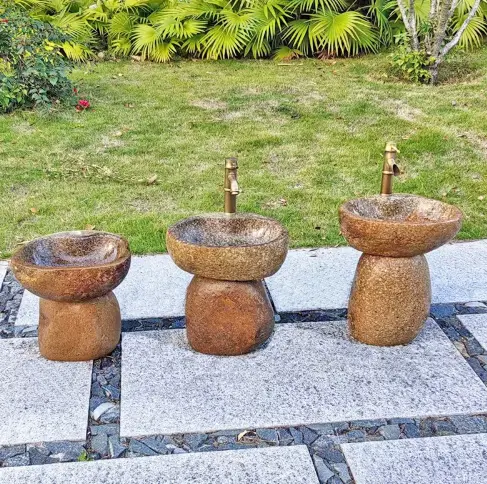 Natural pebble kindergarten stone handwashing basin, children’s small handwashing basin, stone pillar basin, outdoor antique water trough. - 图片 5