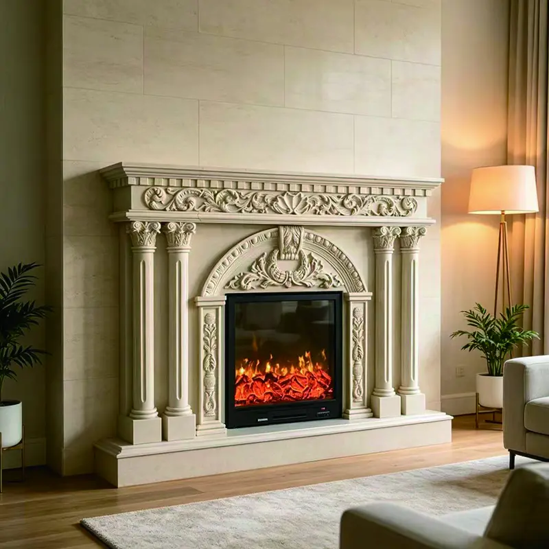 European-style vintage carved stone fireplace mantel, villa living room Roman column relief decoration with simulated electric fire