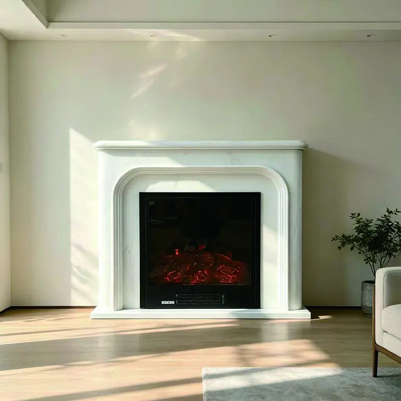 European-style minimalist marble fireplace, natural white marble large-flower white stone fireplace, living room background stone carving decorative cabinet