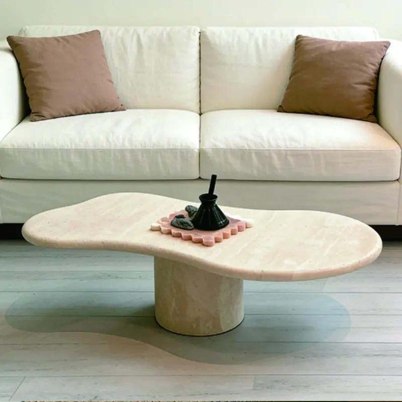 Cream-style natural travertine coffee table, living room home use marble tea table, designer creative high-end stone table set - 图片 2