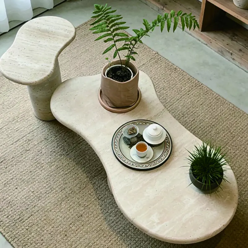 Cream-style natural travertine coffee table, living room home use marble tea table, designer creative high-end stone table set - 图片 3