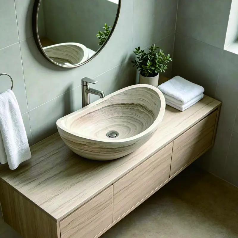 Natural marble countertop sink for hotel, villa, Nordic minimalist guesthouse, artistic round bathroom washbasin