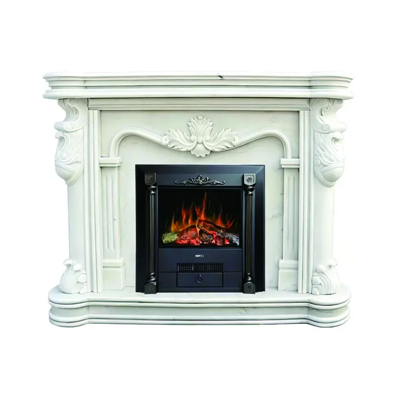 Fangshan Hanbai Stone Carved Fireplace, European-Style Floral Marble Fireplace Mantel, Electric Fireplace for Villa Living Room Decoration