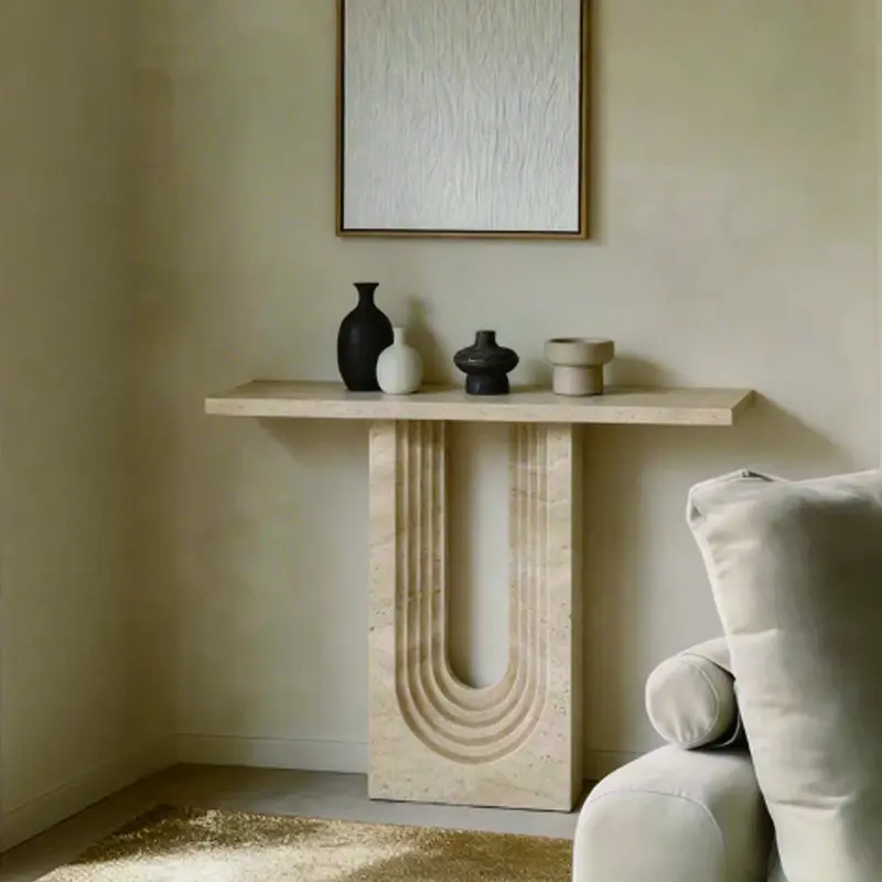 Wabi-sabi style natural travertine entryway console, French vintage-style front door entrance table, hallway ultra-narrow end display stand, low table - 图片 2