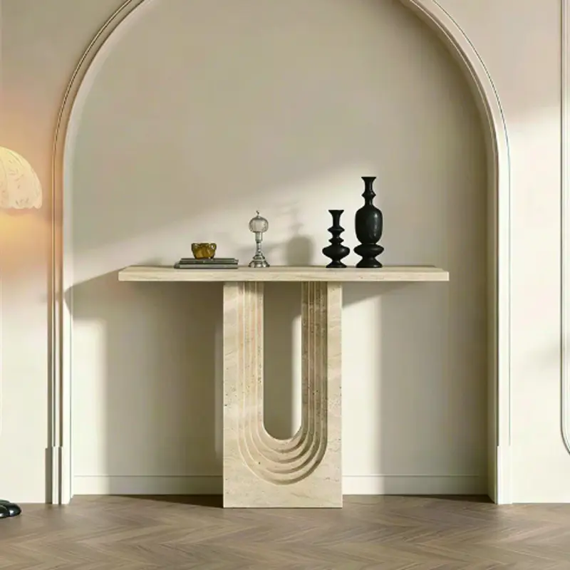 Wabi-sabi style natural travertine entryway console, French vintage-style front door entrance table, hallway ultra-narrow end display stand, low table - 图片 3
