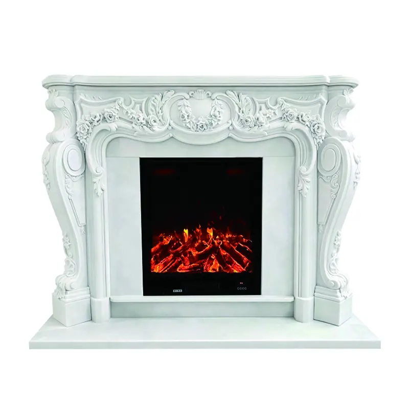 European-style marble fireplace, white jade carved mantel, villa living room decoration, realistic electric fireplace, French stone carving fireplace